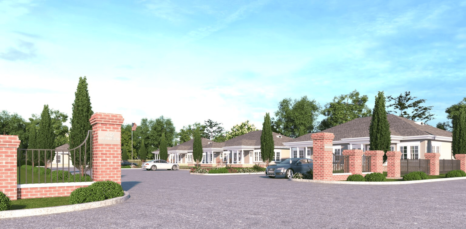 Gated suburban community entrance with brick pillars