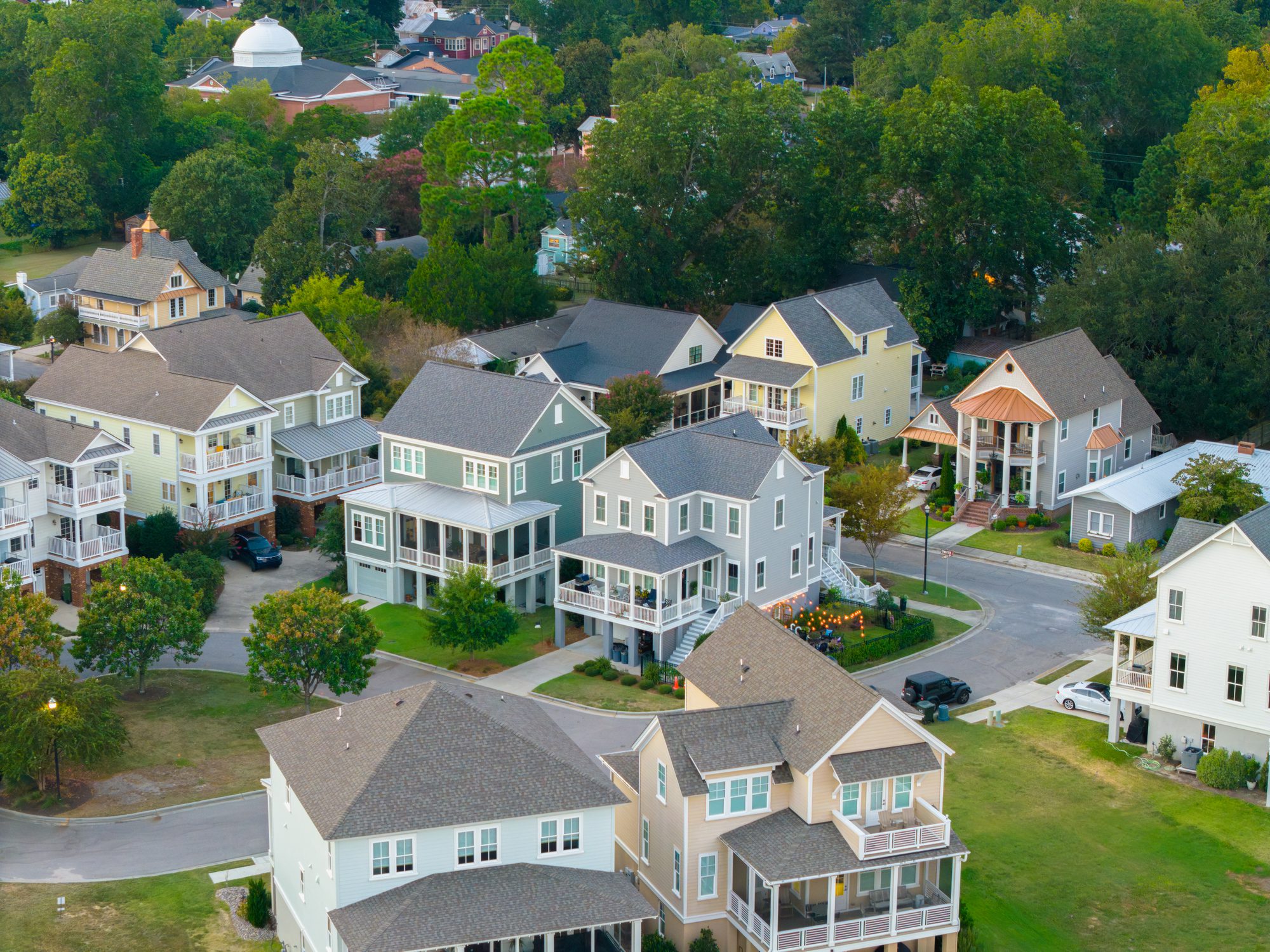 Aerial view of suburban pastel houses