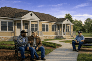 Three men chatting on benches outside houses