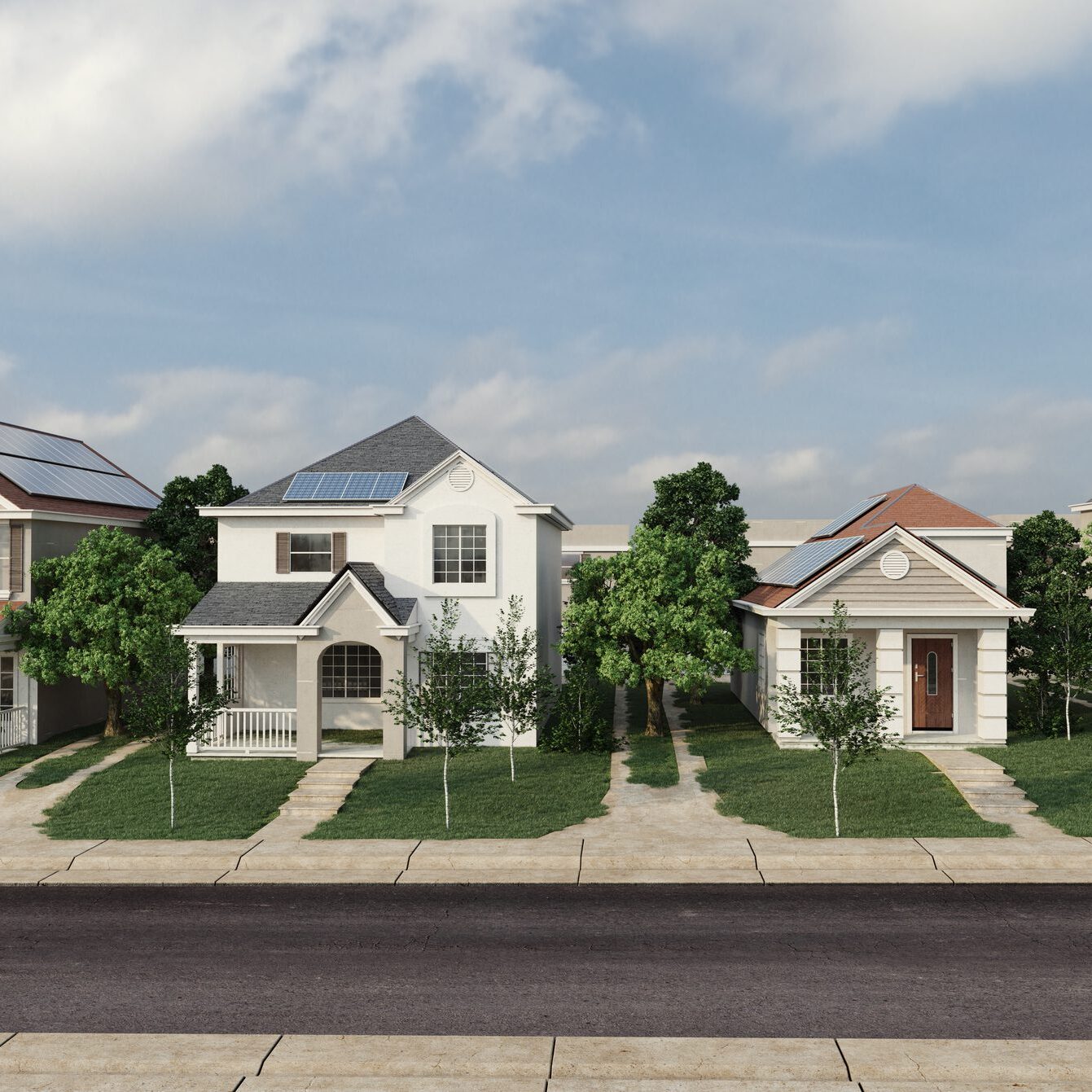 Row of suburban houses with solar panels